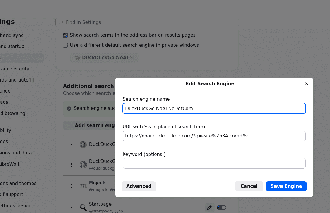 Settings > Search Engine > DuckDuckGo > Edit